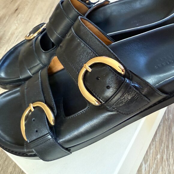 Sezane Lenny Sandals Black Leather Sandals with Gold Buckles-10 - Picture 3 of 8
